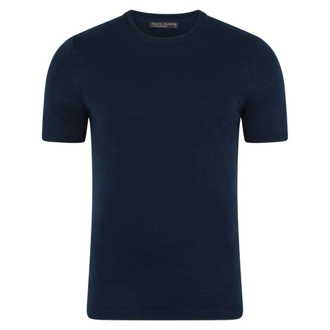 Mens Superfine Mercerised Cotton Knitted T-Shirt Navy-T-Shirt-Paul James Knitwear-S-Navy-Urbanheer