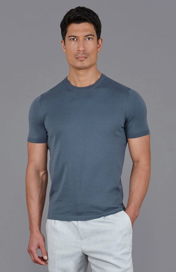 Mens Superfine Mercerised Cotton Knitted T-Shirt Steel Blue-T-Shirt-Paul James Knitwear-M-Steel Blue-Urbanheer