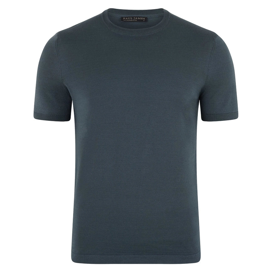 Mens Superfine Mercerised Cotton Knitted T-Shirt Steel Blue-T-Shirt-Paul James Knitwear-M-Steel Blue-Urbanheer