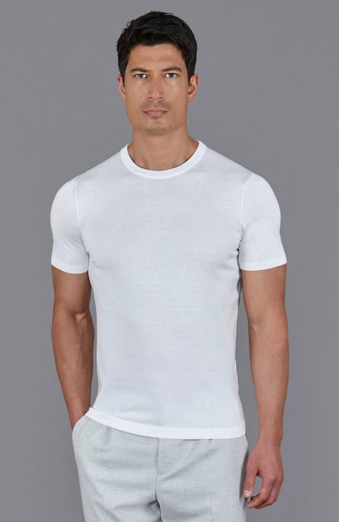 Mens Superfine Mercerised Cotton Knitted T-Shirt White-T-Shirt-Paul James Knitwear-S-White-Urbanheer