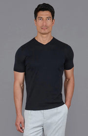 Mens Superfine Mercerised Cotton V Neck Knitted T-Shirt Black-T-Shirt-Paul James Knitwear-S-Black-Urbanheer