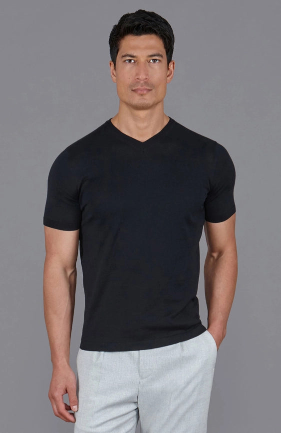 Mens Superfine Mercerised Cotton V Neck Knitted T-Shirt Black-T-Shirt-Paul James Knitwear-S-Black-Urbanheer