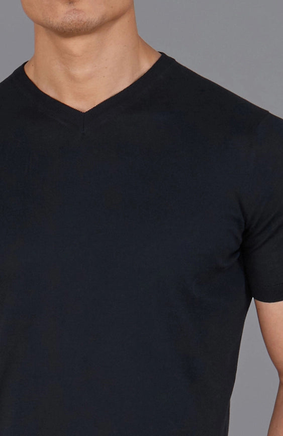 Mens Superfine Mercerised Cotton V Neck Knitted T-Shirt Black-T-Shirt-Paul James Knitwear-S-Black-Urbanheer