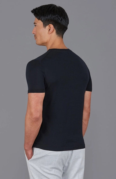 Mens Superfine Mercerised Cotton V Neck Knitted T-Shirt Black-T-Shirt-Paul James Knitwear-S-Black-Urbanheer