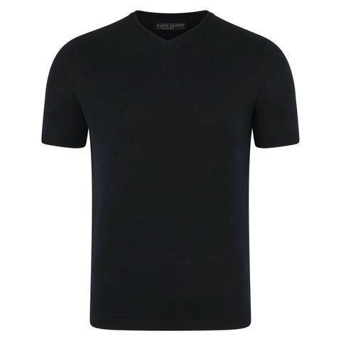 Mens Superfine Mercerised Cotton V Neck Knitted T-Shirt Black-T-Shirt-Paul James Knitwear-S-Black-Urbanheer