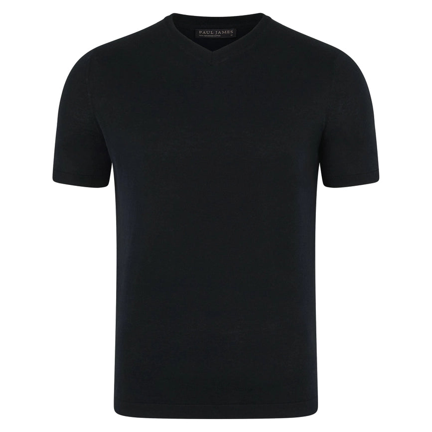 Mens Superfine Mercerised Cotton V Neck Knitted T-Shirt Black-T-Shirt-Paul James Knitwear-S-Black-Urbanheer