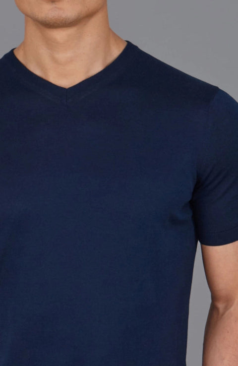 Mens Superfine Mercerised Cotton V Neck Knitted T-Shirt Navy-T-Shirt-Paul James Knitwear-S-Navy-Urbanheer