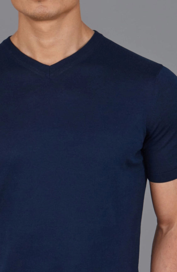 Mens Superfine Mercerised Cotton V Neck Knitted T-Shirt Navy-T-Shirt-Paul James Knitwear-S-Navy-Urbanheer