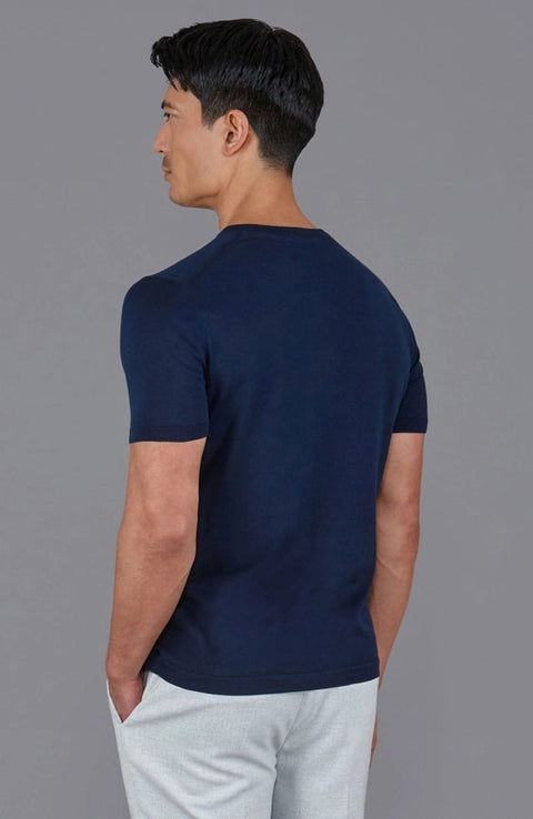 Mens Superfine Mercerised Cotton V Neck Knitted T-Shirt Navy-T-Shirt-Paul James Knitwear-S-Navy-Urbanheer
