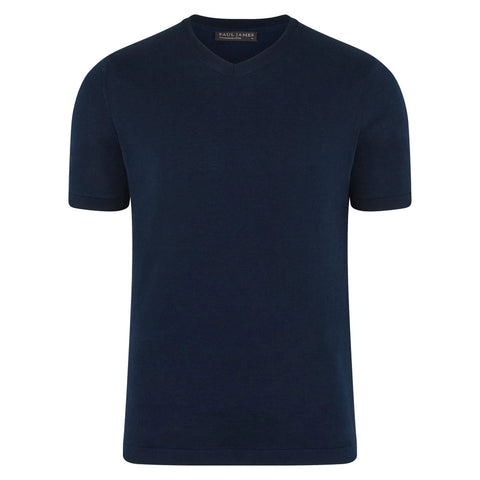 Mens Superfine Mercerised Cotton V Neck Knitted T-Shirt Navy-T-Shirt-Paul James Knitwear-S-Navy-Urbanheer