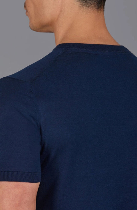 Mens Superfine Mercerised Cotton V Neck Knitted T-Shirt Navy-T-Shirt-Paul James Knitwear-S-Navy-Urbanheer