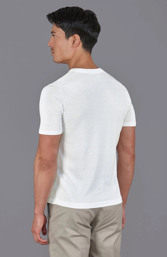 Mens Superfine Mercerised Cotton V Neck Knitted T-Shirt White-T-Shirt-Paul James Knitwear-S-White-Urbanheer