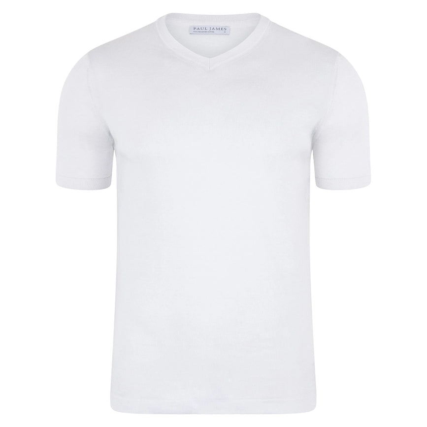 Mens Superfine Mercerised Cotton V Neck Knitted T-Shirt White-T-Shirt-Paul James Knitwear-S-White-Urbanheer