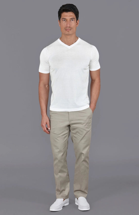 Mens Superfine Mercerised Cotton V Neck Knitted T-Shirt White-T-Shirt-Paul James Knitwear-S-White-Urbanheer