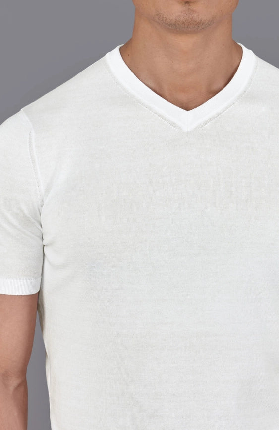 Mens Superfine Mercerised Cotton V Neck Knitted T-Shirt White-T-Shirt-Paul James Knitwear-S-White-Urbanheer