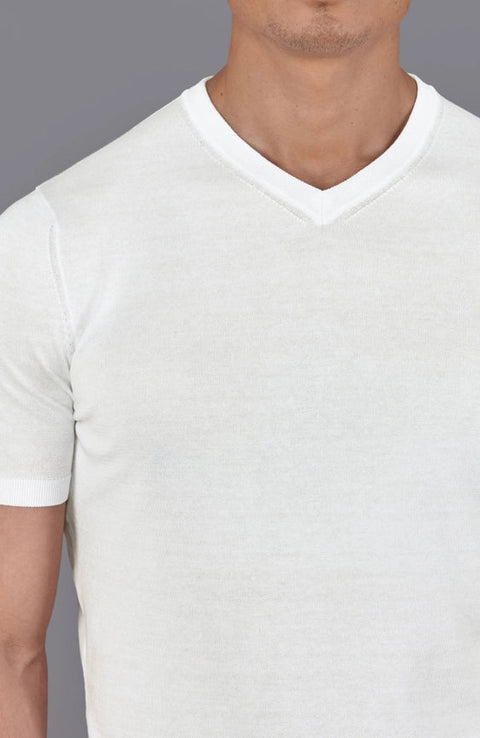 Mens Superfine Mercerised Cotton V Neck Knitted T-Shirt White-T-Shirt-Paul James Knitwear-S-White-Urbanheer