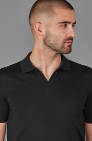 Mens Superfine Merino Silk Buttonless Polo Shirt Black-Polo Shirt-Paul James Knitwear-S-Urbanheer