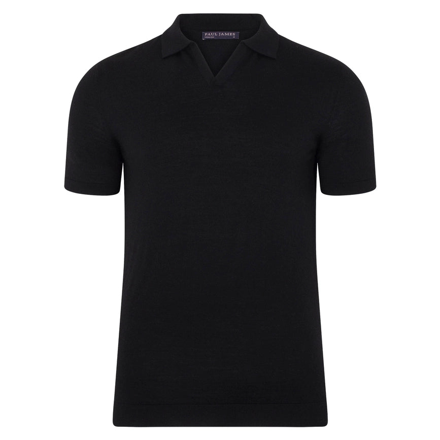 Mens Superfine Merino Silk Buttonless Polo Shirt Black-Polo Shirt-Paul James Knitwear-S-Urbanheer