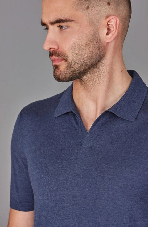 Mens Superfine Merino Silk Buttonless Polo Shirt Slate Blue-Polo Shirt-Paul James Knitwear-M-Urbanheer