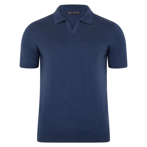 Mens Superfine Merino Silk Buttonless Polo Shirt Slate Blue-Polo Shirt-Paul James Knitwear-M-Urbanheer