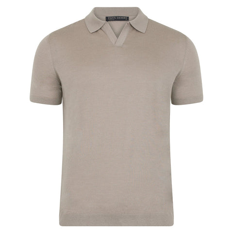 Mens Superfine Merino Silk Buttonless Polo Shirt Taupe-Polo Shirt-Paul James Knitwear-M-Urbanheer
