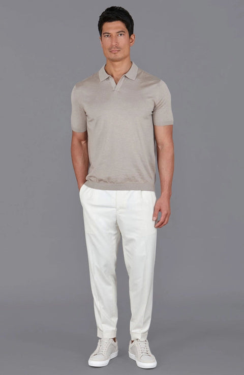 Mens Superfine Merino Silk Buttonless Polo Shirt Taupe-Polo Shirt-Paul James Knitwear-M-Urbanheer