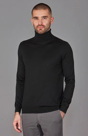 Mens Superfine Merino Silk Roll Neck Jumper Black-Jumper-Paul James Knitwear-S-Urbanheer