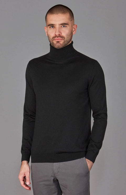 Mens Superfine Merino Silk Roll Neck Jumper Black-Jumper-Paul James Knitwear-S-Urbanheer