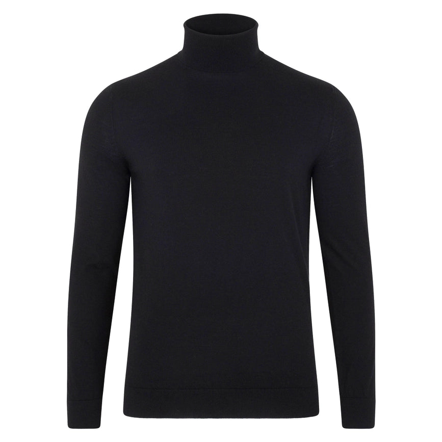 Mens Superfine Merino Silk Roll Neck Jumper Black-Jumper-Paul James Knitwear-S-Urbanheer