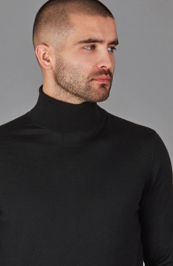 Mens Superfine Merino Silk Roll Neck Jumper Black-Jumper-Paul James Knitwear-S-Urbanheer