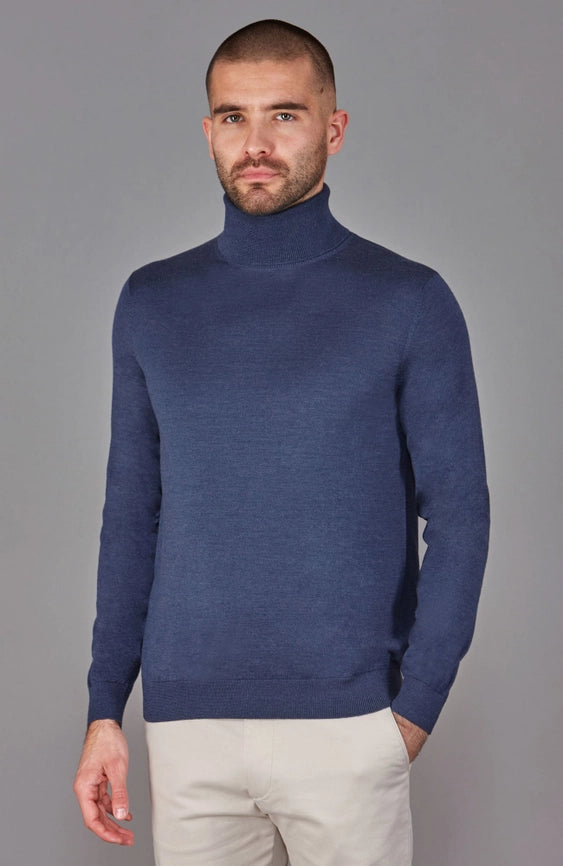 Mens Superfine Merino Silk Roll Neck Jumper Slate Blue-Jumper-Paul James Knitwear-S-Urbanheer