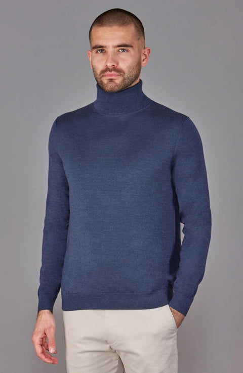 Mens Superfine Merino Silk Roll Neck Jumper Slate Blue-Jumper-Paul James Knitwear-S-Urbanheer