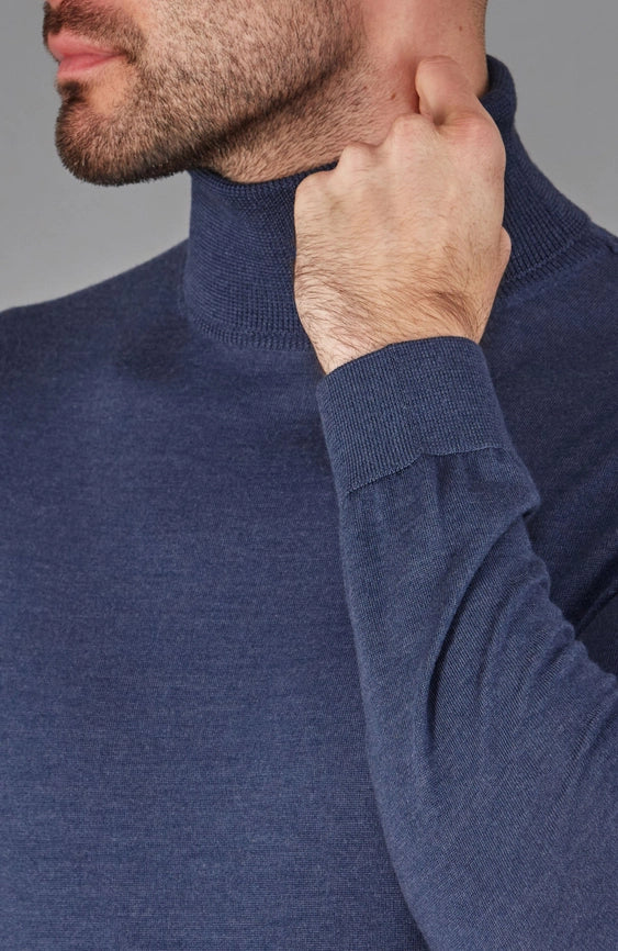 Mens Superfine Merino Silk Roll Neck Jumper Slate Blue-Jumper-Paul James Knitwear-S-Urbanheer