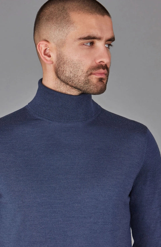 Mens Superfine Merino Silk Roll Neck Jumper Slate Blue-Jumper-Paul James Knitwear-S-Urbanheer