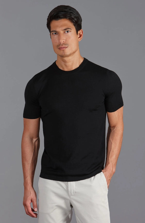 Mens Superfine Merino Wool Knitted T-Shirt Black-T-Shirt-Paul James Knitwear-M-Black-Urbanheer