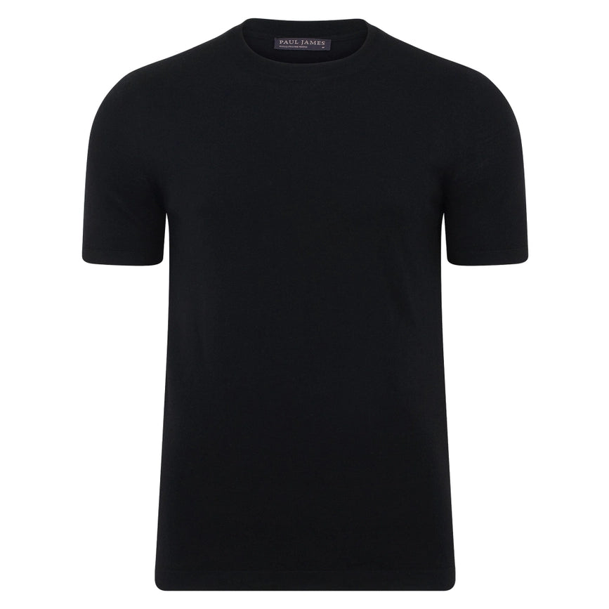 Mens Superfine Merino Wool Knitted T-Shirt Black-T-Shirt-Paul James Knitwear-S-Black-Urbanheer