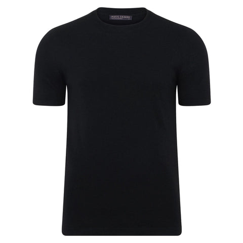 Mens Superfine Merino Wool Knitted T-Shirt Black-T-Shirt-Paul James Knitwear-S-Black-Urbanheer