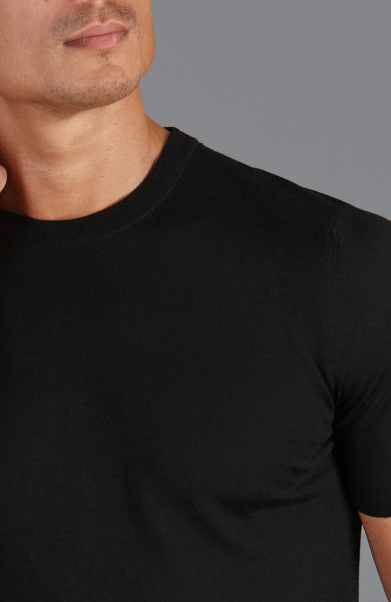 Mens Superfine Merino Wool Knitted T-Shirt Black-T-Shirt-Paul James Knitwear-S-Black-Urbanheer