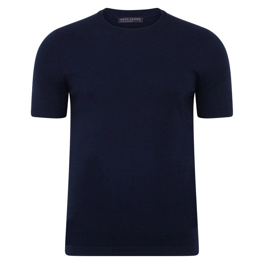 Mens Superfine Merino Wool Knitted T-Shirt Navy-T-Shirt-Paul James Knitwear-S-Navy-Urbanheer