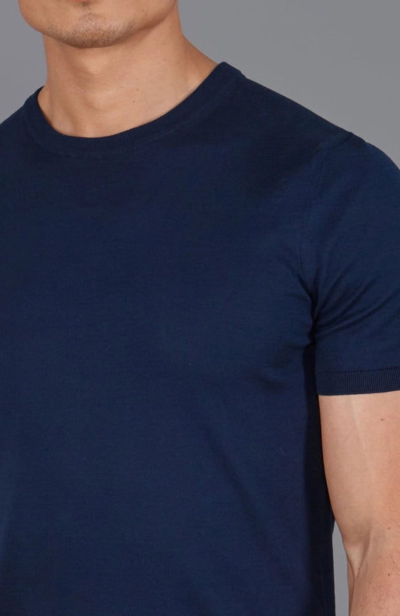 Mens Superfine Merino Wool Knitted T-Shirt Navy-T-Shirt-Paul James Knitwear-S-Navy-Urbanheer