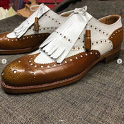 Men's Tan Brown & White Leather Fringed Wingtip Shoes-Shoes - Men-The Royale Leather-US 6/ UK 5.5/ EUR 39-Urbanheer