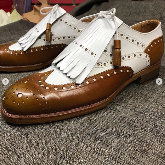 Men's Tan Brown & White Leather Fringed Wingtip Shoes-Shoes - Men-The Royale Leather-US 6/ UK 5.5/ EUR 39-Urbanheer