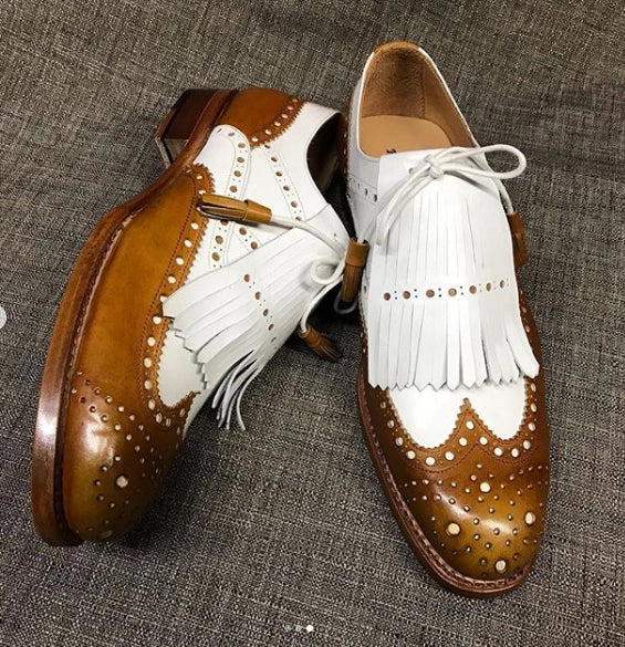 Men's Tan Brown & White Leather Fringed Wingtip Shoes-Shoes - Men-The Royale Leather-US 6/ UK 5.5/ EUR 39-Urbanheer