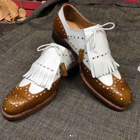 Men's Tan Brown & White Leather Fringed Wingtip Shoes-Shoes - Men-The Royale Leather-US 6/ UK 5.5/ EUR 39-Urbanheer