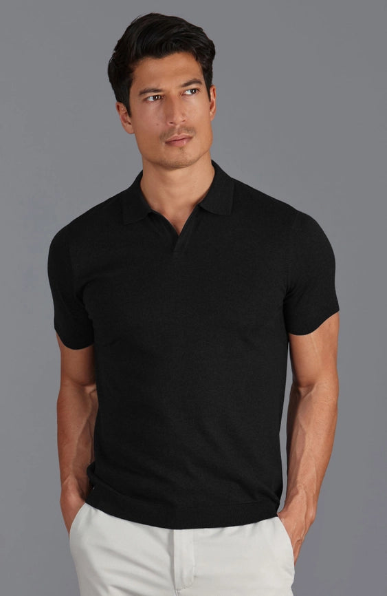 Mens Ultra Fine Cotton Buttonless Polo Shirt Black-Polo Shirt-Paul James Knitwear-L-Black-Urbanheer