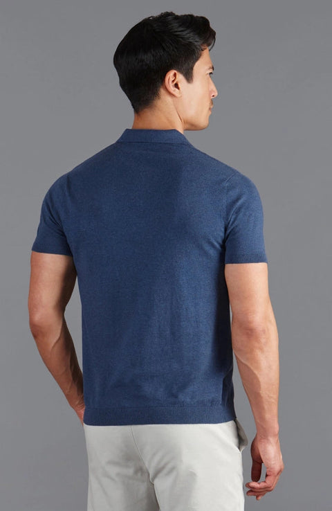 Mens Ultra Fine Cotton Buttonless Polo Shirt Blue Melange-Polo Shirt-Paul James Knitwear-S-Bluestone-Urbanheer