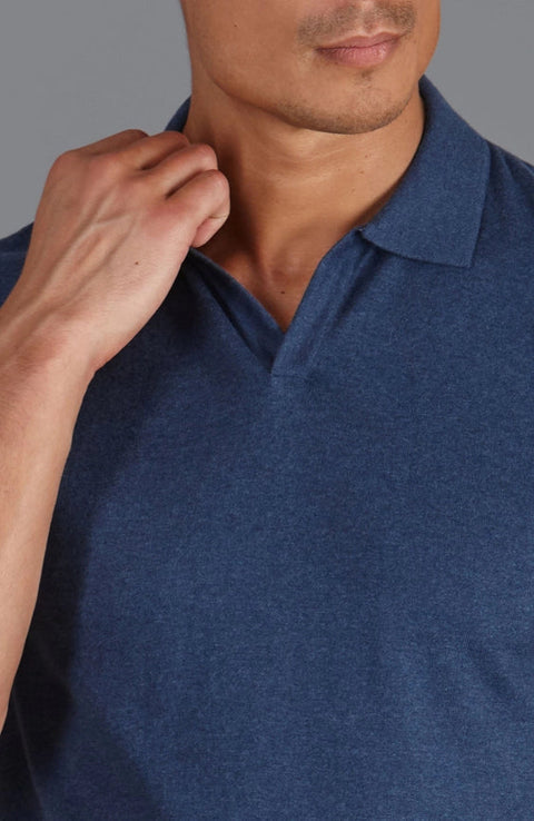 Mens Ultra Fine Cotton Buttonless Polo Shirt Blue Melange-Polo Shirt-Paul James Knitwear-S-Bluestone-Urbanheer