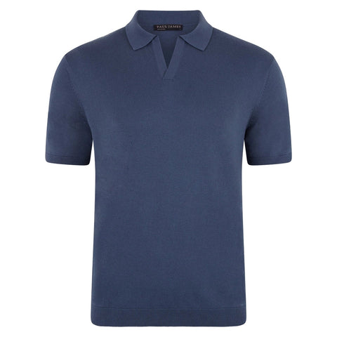 Mens Ultra Fine Cotton Buttonless Polo Shirt Blue Melange-Polo Shirt-Paul James Knitwear-S-Bluestone-Urbanheer