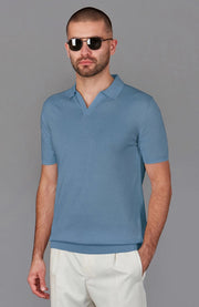 Mens Ultra Fine Cotton Buttonless Polo Shirt Bluestone-Polo Shirt-Paul James Knitwear-S-Bluestone-Urbanheer