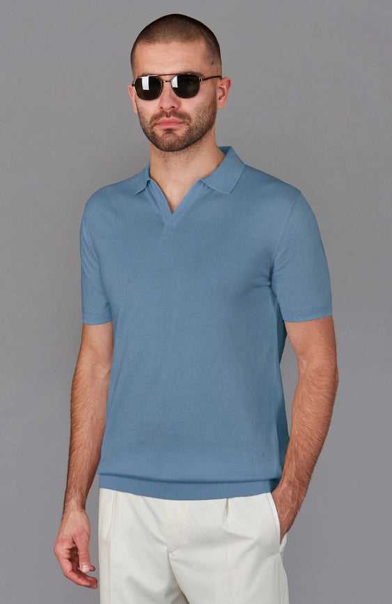 Mens Ultra Fine Cotton Buttonless Polo Shirt Bluestone-Polo Shirt-Paul James Knitwear-S-Bluestone-Urbanheer